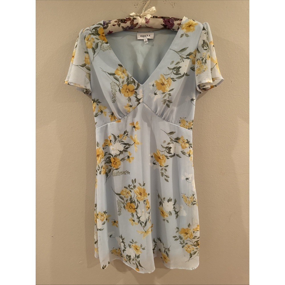 Gilli Floral Babydoll Dress Size Small Ice Blue Yellow Short Sleeve Cottagecore